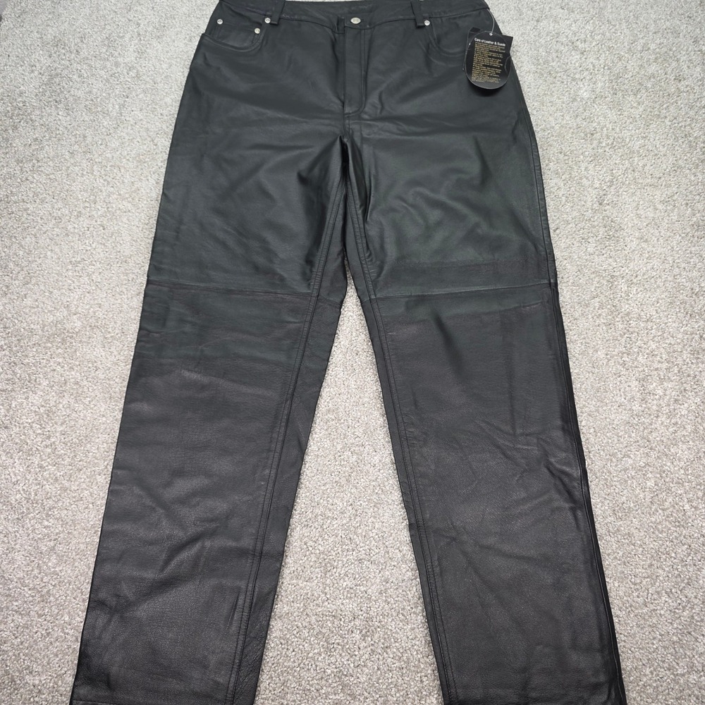 Newport News Jeanology Womens 18 Black Leather Pants High Rise Straight Leg NWT